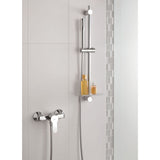 Colonne de douche Grohe chromée avec mitigeur mural, douchette et tablette, couleur argentée