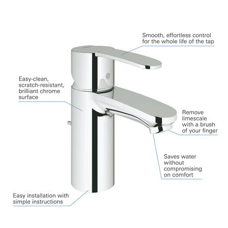 Mitigeur Grohe de lavabo, robinet salle de bain, finition chrome brillant argenté.