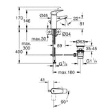 Plan technique mitigeur lavabo Grohe, robinet chrome, dimensions et schéma d'installation.