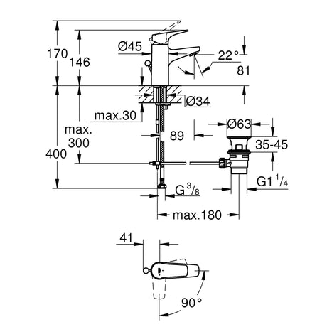Plan technique mitigeur lavabo Grohe, robinet chrome, dimensions et schéma d'installation.