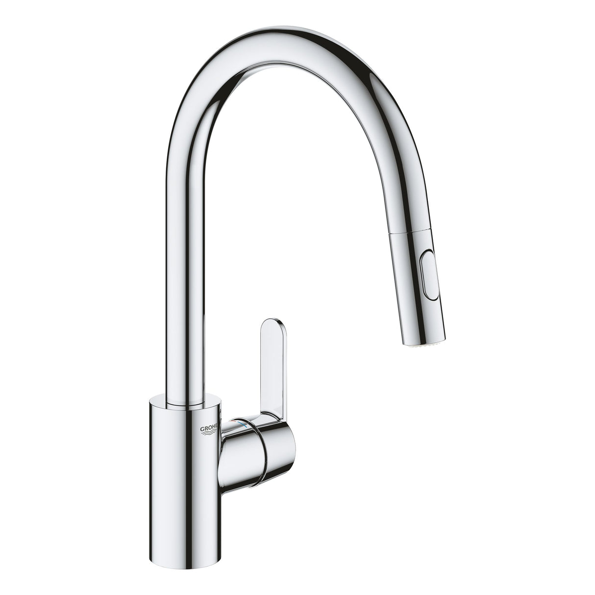 Mitigeur de cuisine Grohe, robinet chromé avec bec haut design, couleur argentée