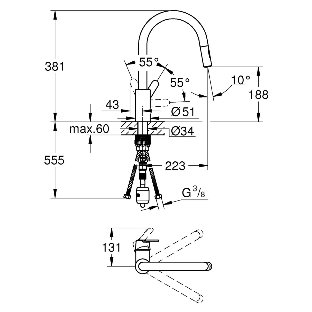 Schéma technique mitigeur de cuisine Grohe chromé, dimensions et angles détaillés.