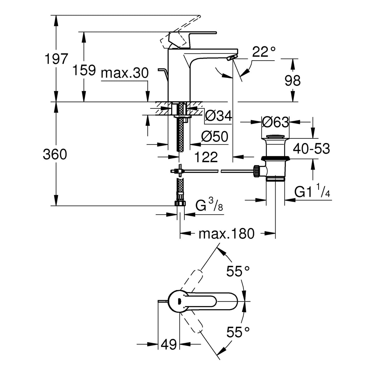 Mitigeur lavabo chromé Grohe avec schéma technique, dimensions détaillées.