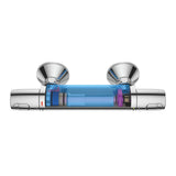Mitigeur thermostatique Grohe, robinet de douche chromé, coupe transversale bleue.