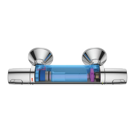 Mitigeur thermostatique Grohe, robinet de douche chromé, coupe transversale bleue.