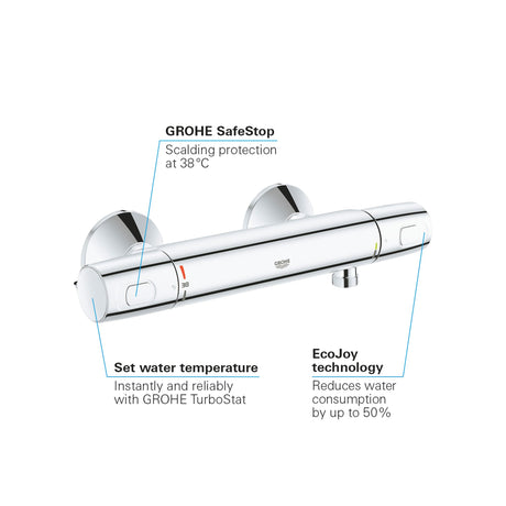 Mitigeur thermostatique Grohe, couleur chromé, robinet de douche mural moderne