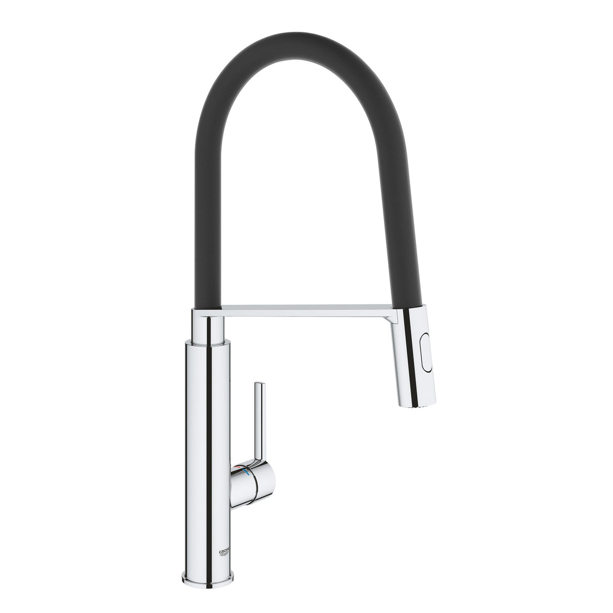 Mitigeur de cuisine Grohe chromé et noir, robinet flexible design moderne.