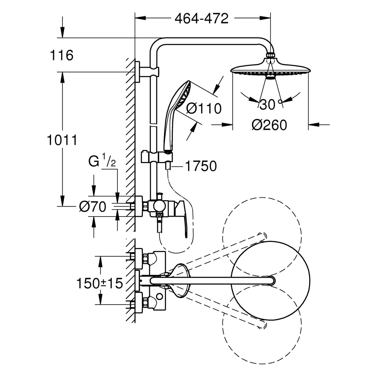 Colonne de douche Grohe, type thermostatique, couleur chromée, schéma technique détaillé.