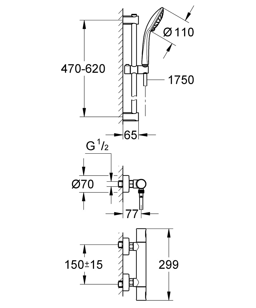 Schéma technique de colonne de douche Grohe, argent, avec dimensions détaillées.
