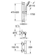 Schéma technique de colonne de douche Grohe, argent, avec dimensions détaillées.