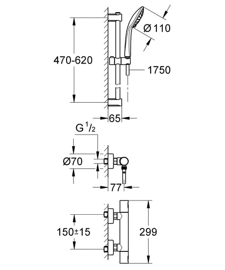 Schéma technique de colonne de douche Grohe, argent, avec dimensions détaillées.