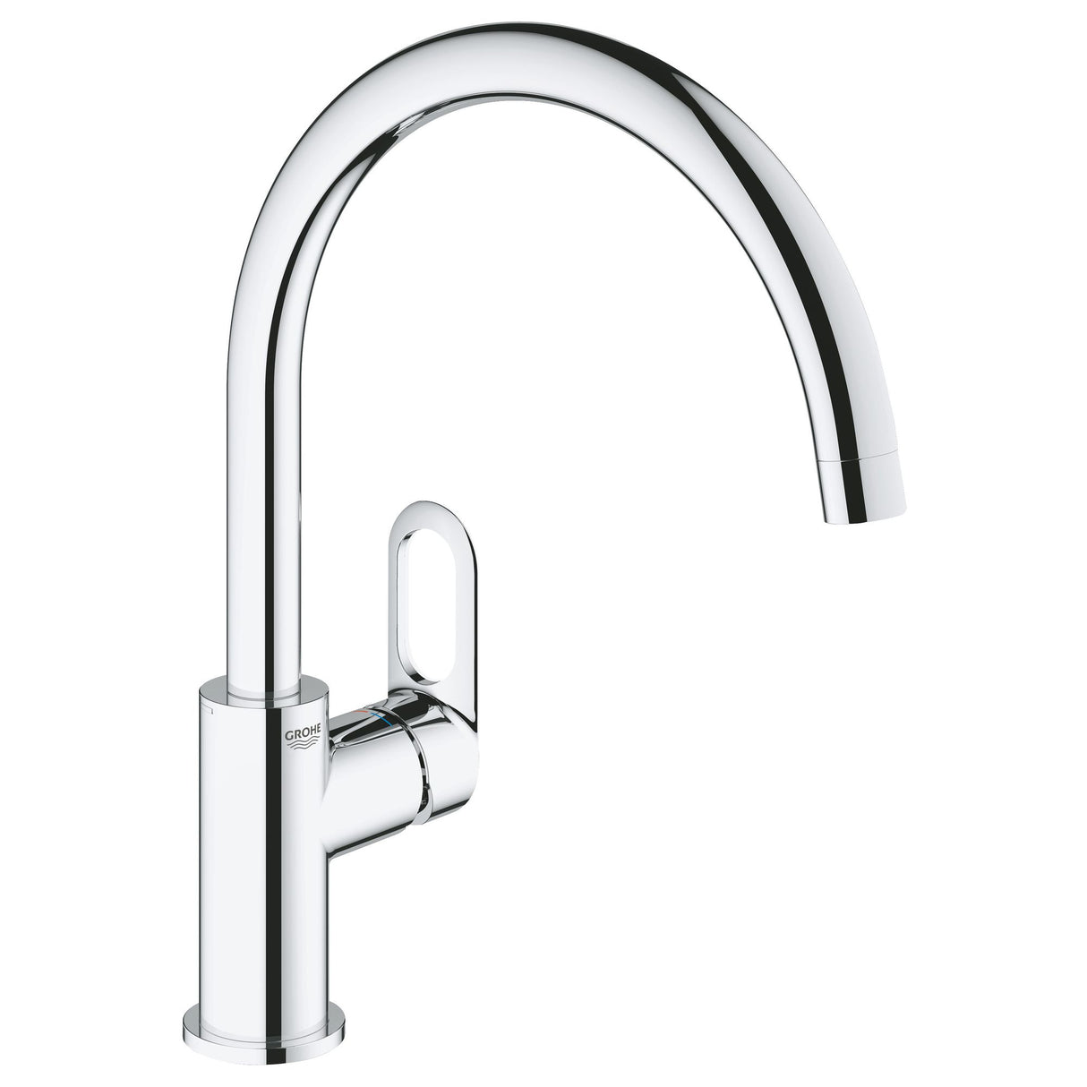 Mitigeur cuisine Grohe chromé, robinet moderne courbé, couleur argentée