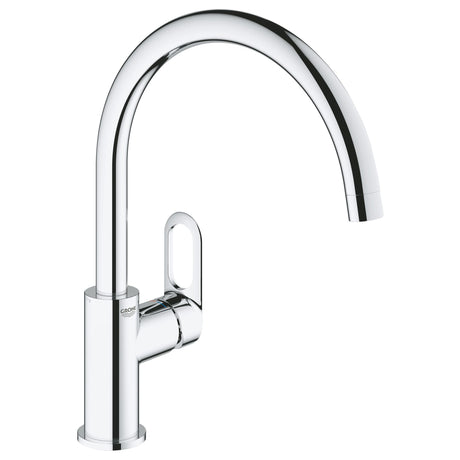 Mitigeur cuisine Grohe chromé, robinet moderne courbé, couleur argentée