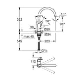 Mitigeur Grohe, robinet de cuisine chromé, schéma technique avec dimensions détaillées