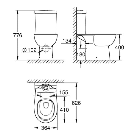 Toilettes Grohe, WC blanc avec réservoir, schéma technique avec dimensions détaillées.