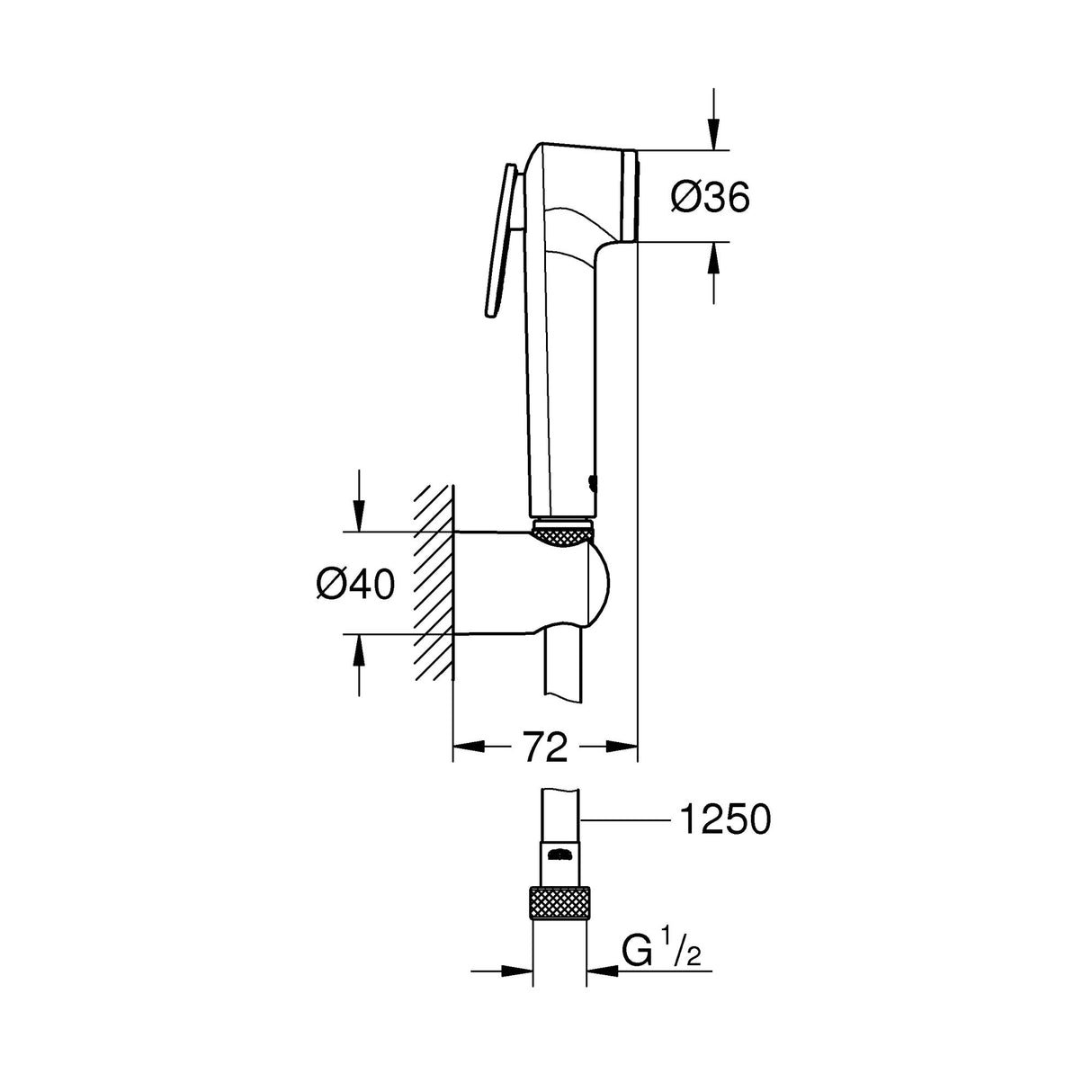 Mitigeur douchette Grohe, robinet sanitaire chromé avec schéma de dimensions.
