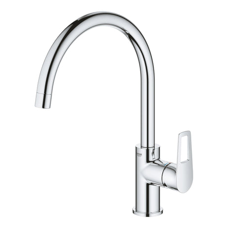 Mitigeur de cuisine Grohe, robinet en chrome, design moderne et poignée latérale