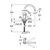 Schéma technique robinet Grohe, mitigeur, couleur chromé, dimensions détaillées.
