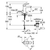 Robinet mitigeur Grohe argent, schéma technique avec dimensions détaillées.