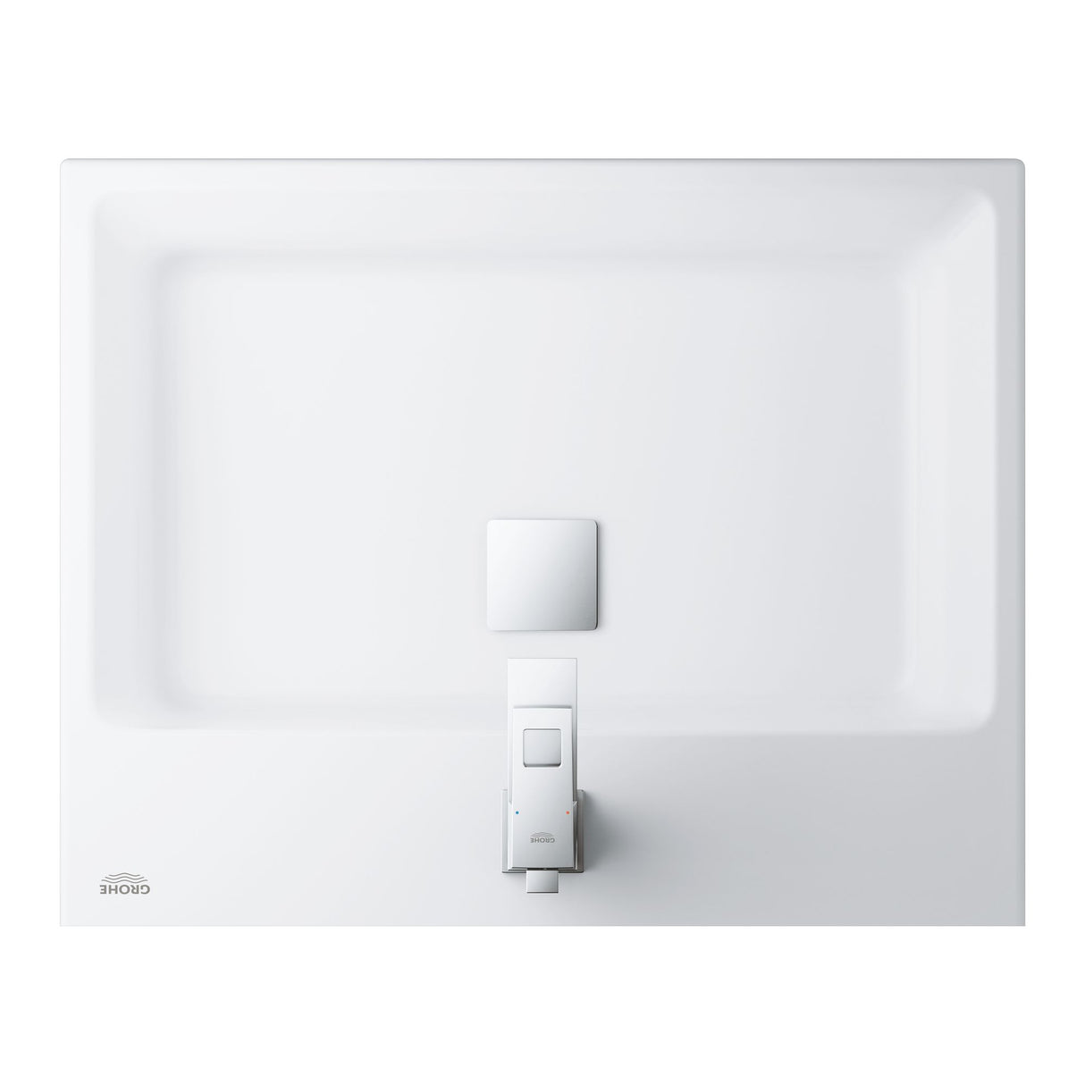 Lavabo blanc Grohe rectangulaire avec robinet moderne, couleur blanc.