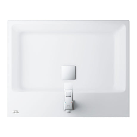 Lavabo blanc Grohe rectangulaire avec robinet moderne, couleur blanc.