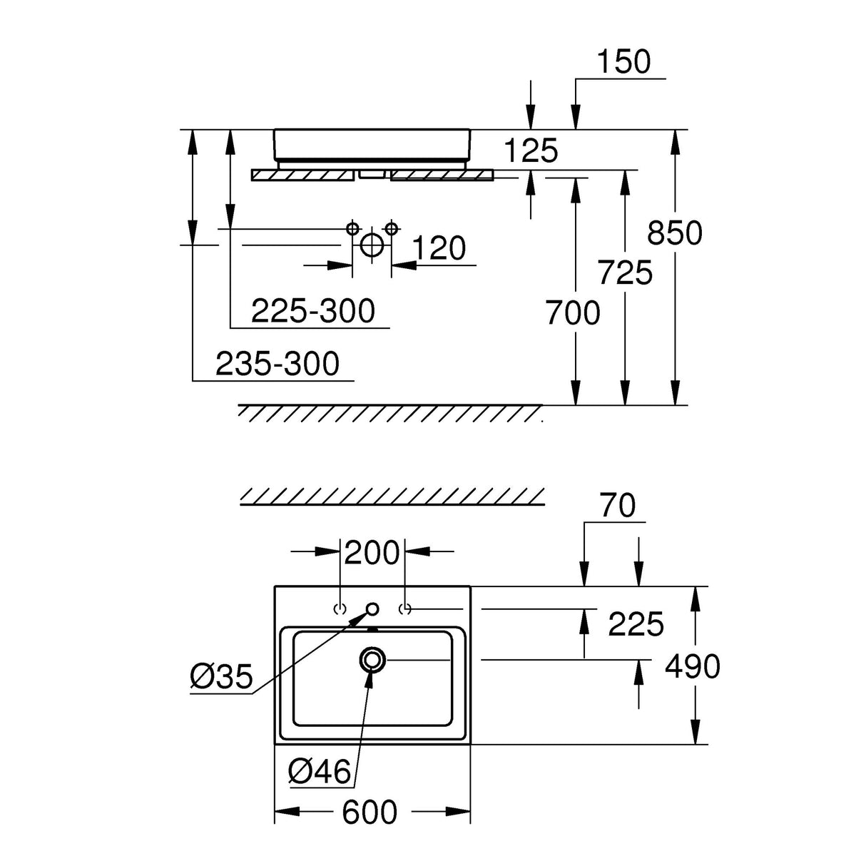 Schéma technique du lavabo blanc Grohe, dimensions détaillées et emplacements de fixation.