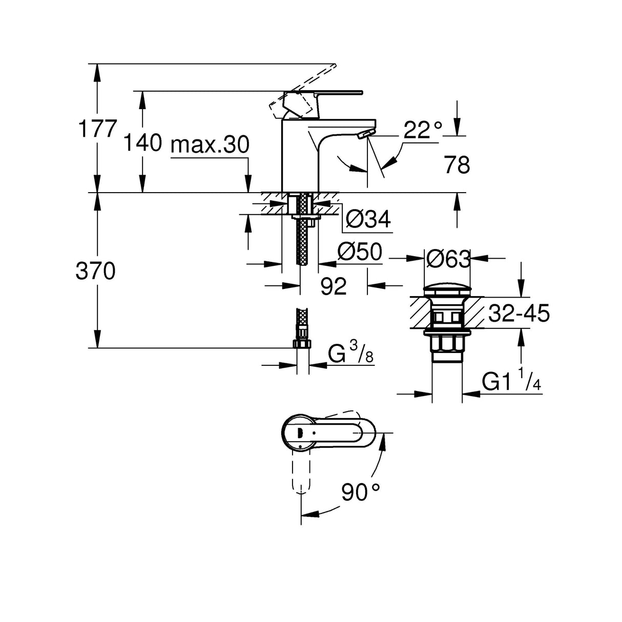 Schéma technique mitigeur lavabo Grohe chromé avec cotes de dimensions détaillées