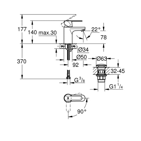 Schéma technique mitigeur lavabo Grohe chromé avec cotes de dimensions détaillées