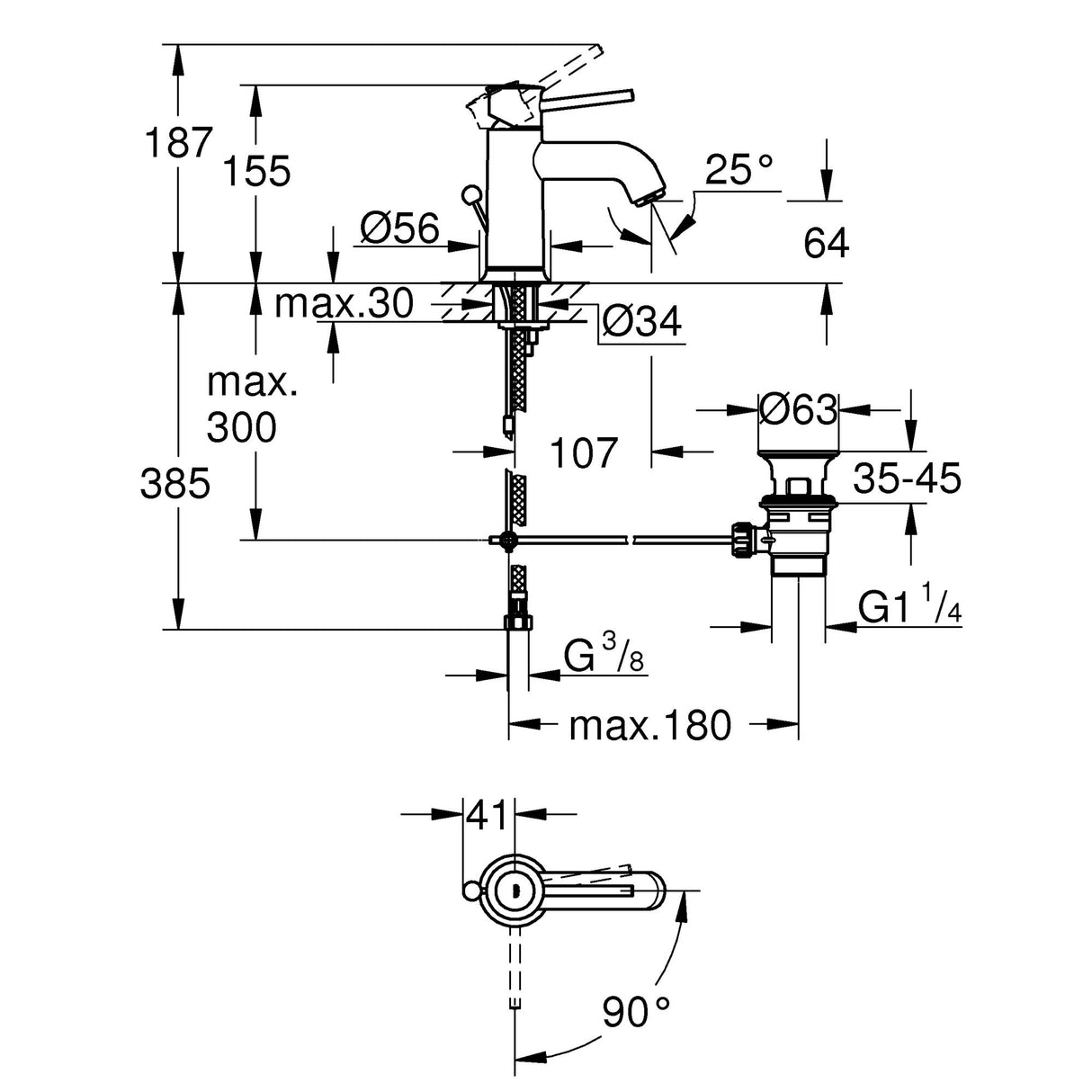 Mitigeur lavabo Grohe chromé, schéma technique avec dimensions et installation.