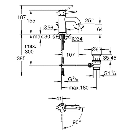 Mitigeur lavabo Grohe chromé, schéma technique avec dimensions et installation.