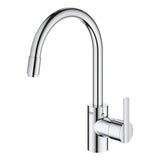 Mitigeur de cuisine Grohe chromé, robinet à bec haut, finition brillante, moderne.