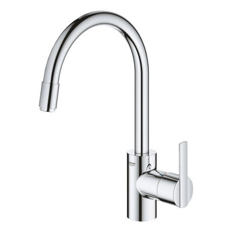 Mitigeur de cuisine Grohe chromé, robinet à bec haut, finition brillante, moderne.