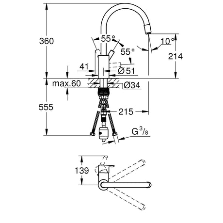 Mitigeur Grohe chromé, robinet de cuisine, schéma technique avec mesures détaillées.