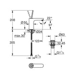 Mitigeur de lavabo Grohe chromé, schéma technique avec dimensions détaillées
