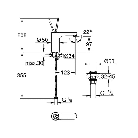Mitigeur de lavabo Grohe chromé, schéma technique avec dimensions détaillées
