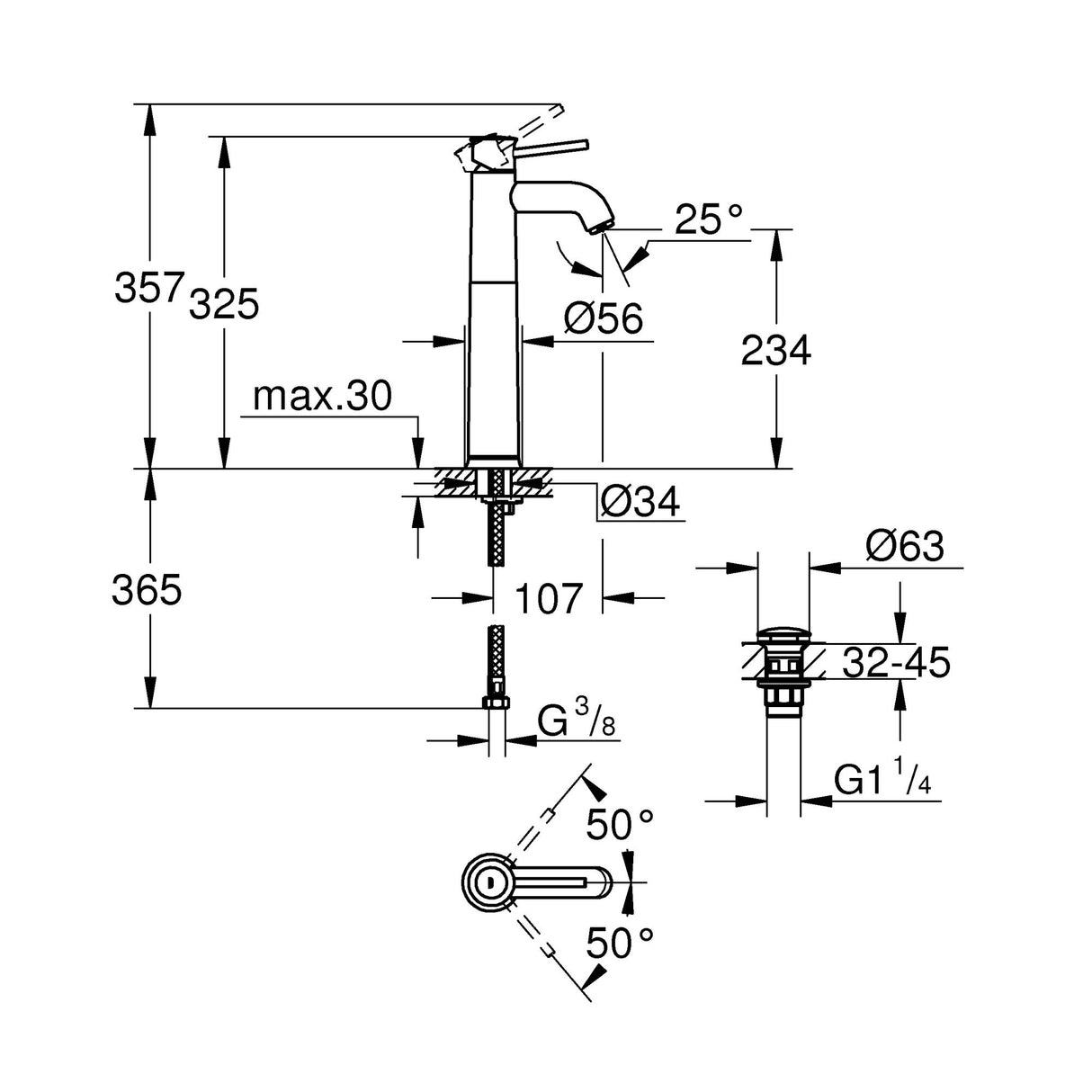 Mitigeur lavabo Grohe chromé, schéma technique avec cotes précises.