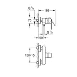 Schéma technique mitigeur douche Grohe argent, dimensions détaillées du robinet mural.