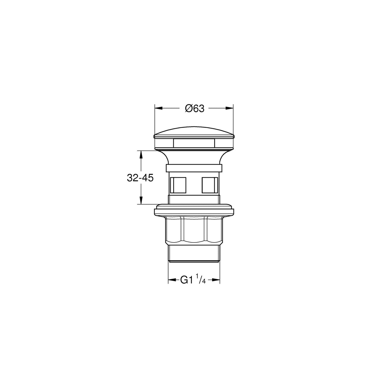 Bonde clic-clac chromée, marque Grohe, schéma technique avec dimensions, accessoire plomberie.