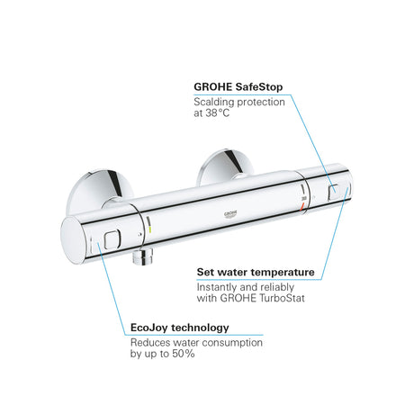 Mitigeur thermostatique mural Grohe, type robinet, couleur chrome brillant.