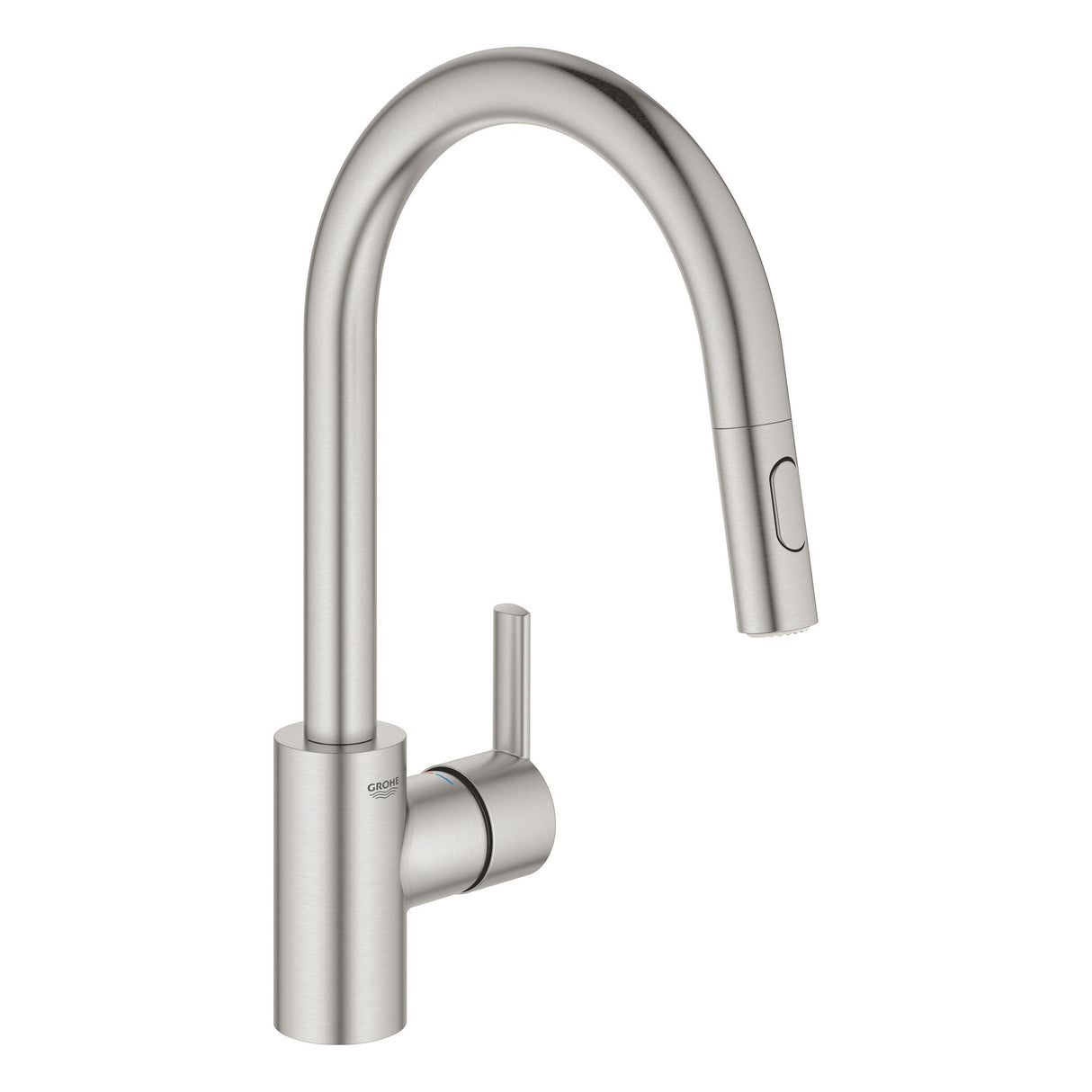 Mitigeur de cuisine Grohe inox brossé, robinet moderne avec douchette extractible.