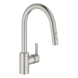 Mitigeur de cuisine Grohe inox brossé, robinet moderne avec douchette extractible.