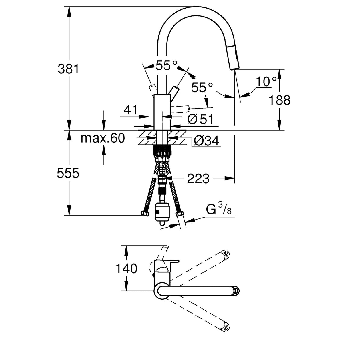 Plan technique mitigeur Grohe, robinetterie chromée, dimensions et angles détaillés.