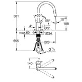 Plan technique mitigeur Grohe, robinetterie chromée, dimensions et angles détaillés.