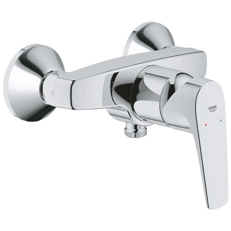 Mitigeur de douche mural Grohe, robinetterie chrome, design moderne, couleur argentée.