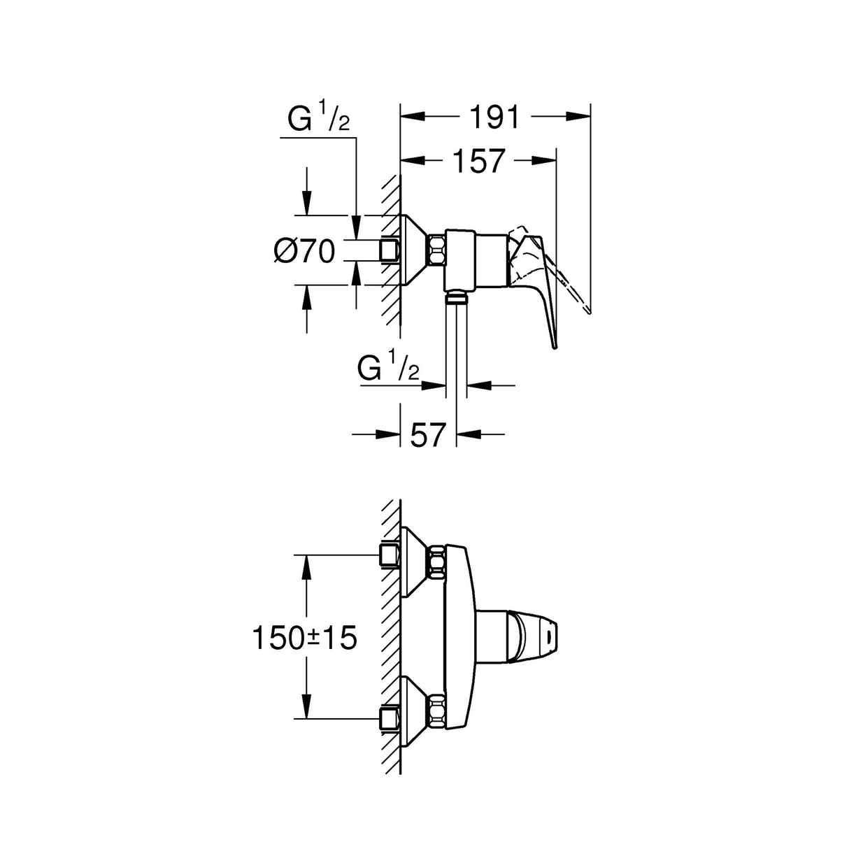 Mitigeur Grohe, robinetterie de douche, finition chromée, schéma technique avec dimensions
