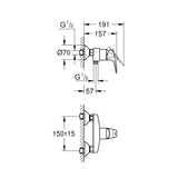 Mitigeur Grohe, robinetterie de douche, finition chromée, schéma technique avec dimensions
