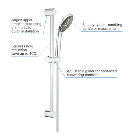 Douchette Grohe, barre de douche réglable, set de douche couleur chrome.
