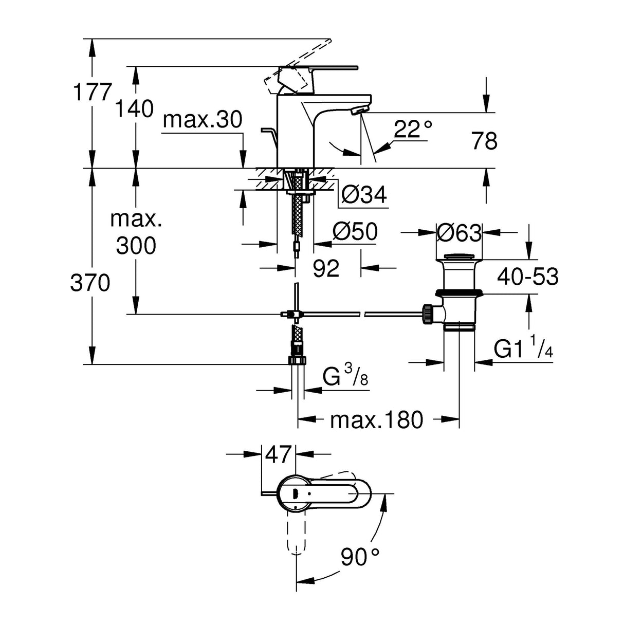 Robinet lavabo Grohe, mitigeur chromé, schéma technique avec dimensions détaillées.