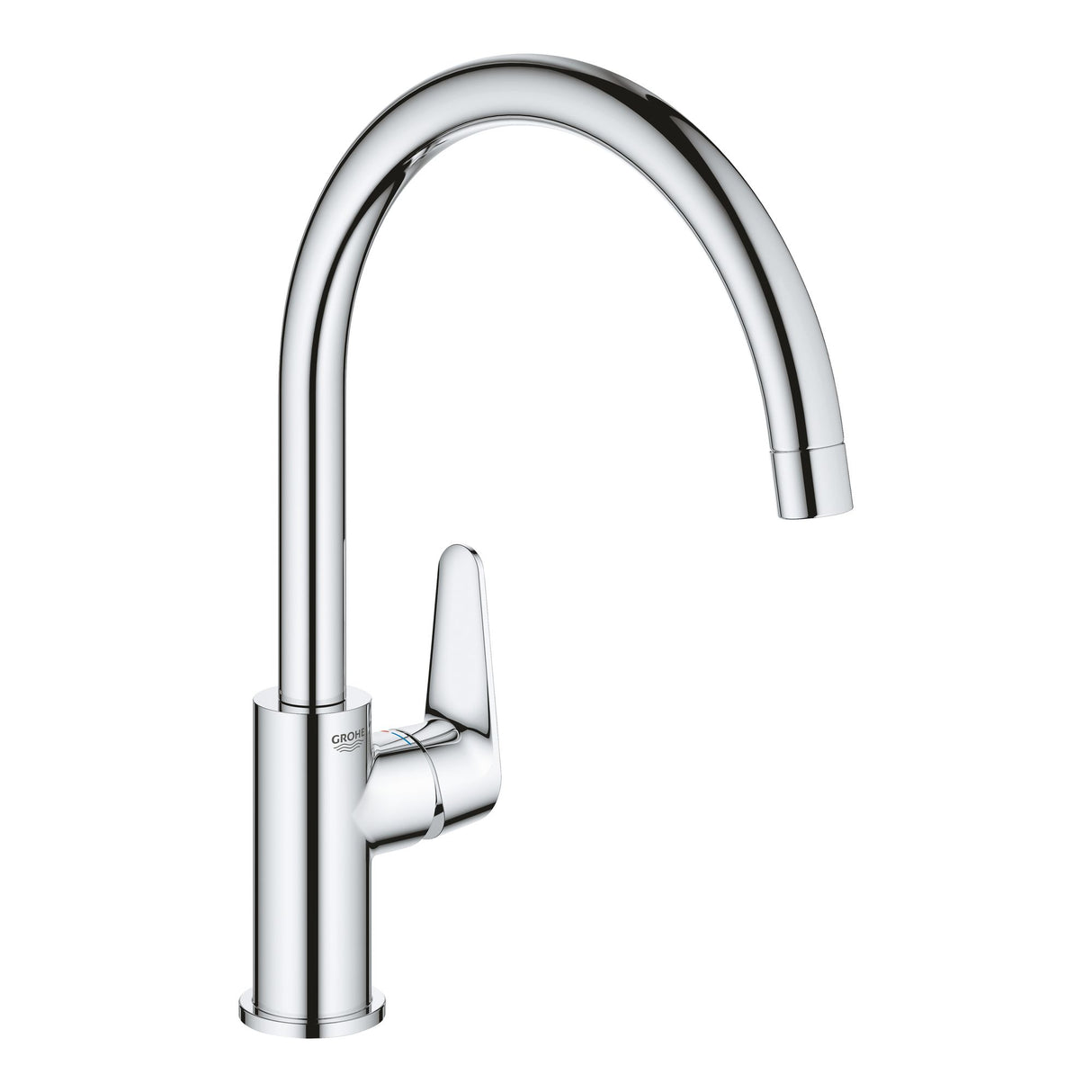 Mitigeur de cuisine Grohe, robinet chromé à bec haut, couleur argentée.