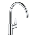 Mitigeur de cuisine Grohe, robinet chromé à bec haut, couleur argentée.
